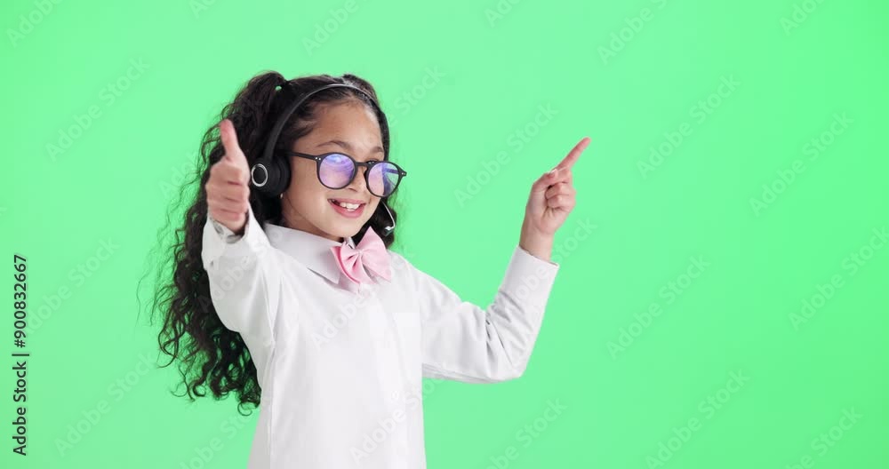 Call center, pointing and child on green screen with thumbs up for winner, news or agreement. Career day, happy and portrait of young girl with headset for contact, customer service and telemarketing Call center, pointing and child on green screen with thumbs up for winner, news or agreement. Career day, happy and portrait of young girl with headset for contact, customer service and telemarketing