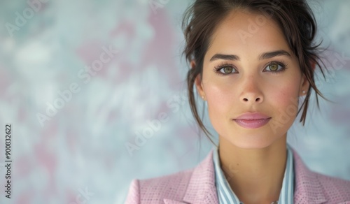 Woman in Pink Blazer Smiles Against a Pink Wall