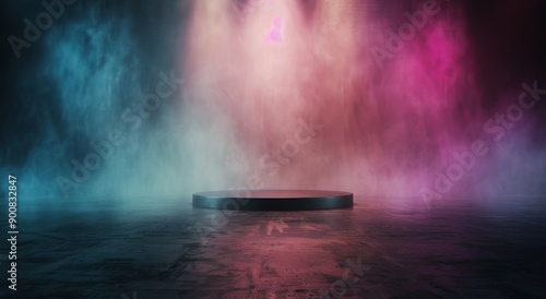 Black Cylinder On A Foggy Stage With Pink And Blue Lighting