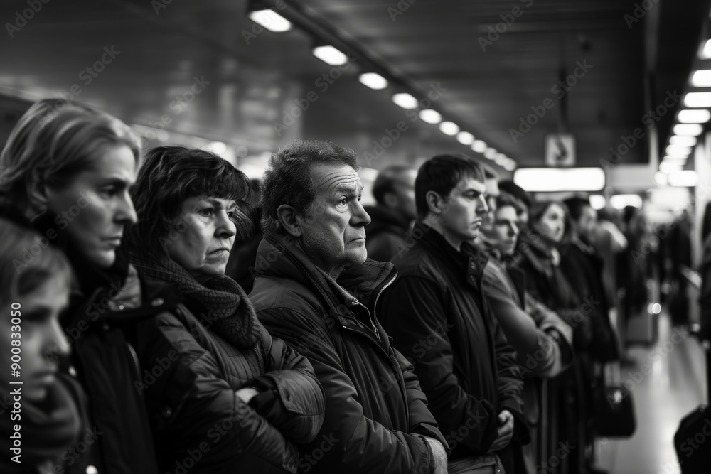 A line of people standing in a terminal, their faces capturing a range of emotions from patience to tension, indicative of public transportation settings, shot in black and white. A line of people standing in a terminal, their faces capturing a range of emotions from patience to tension, indicative of public transportation settings, shot in black and white.