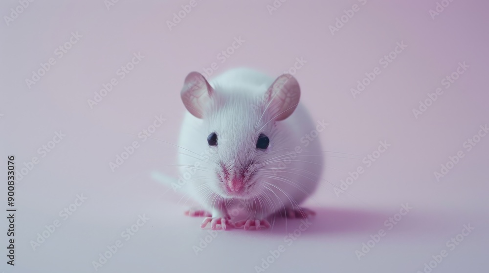 A cute white mouse with a pink nose and ears is shown facing the camera on a pink background, spreading a cheerful and playful vibe with its small paws and endearing expression. A cute white mouse with a pink nose and ears is shown facing the camera on a pink background, spreading a cheerful and playful vibe with its small paws and endearing expression.
