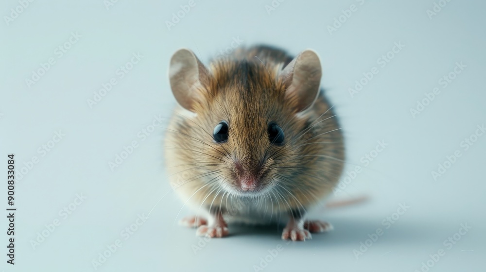 An adorable brown and white mouse with black eyes against a soft blue background, displaying alertness and curiosity, its small build conveying a sense of frailty and charm. An adorable brown and white mouse with black eyes against a soft blue background, displaying alertness and curiosity, its small build conveying a sense of frailty and charm.