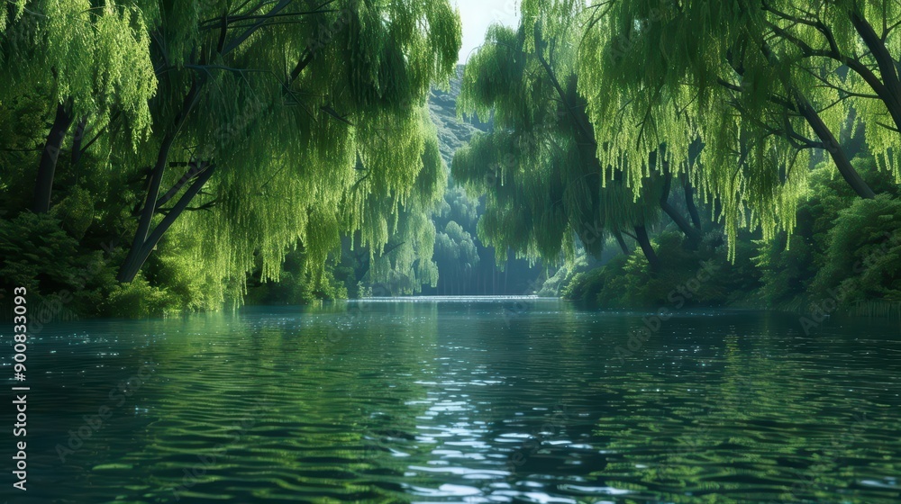 Fototapeta premium Willow trees by a tranquil futuristic river