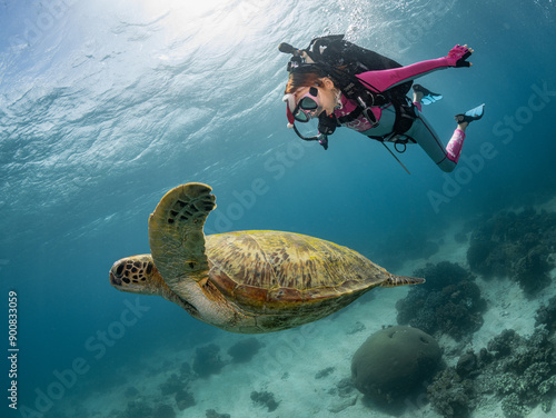 Child scuba diver underwater in the ocean with a sea turtle photo