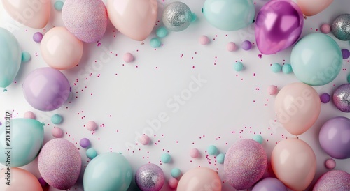 Pastel Balloons and Confetti on White Background