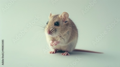 A sweet beige mouse with delicate features is captured in a thoughtful pose on a grey background, evoking a sense of curiosity and innocence, an image filled with charm and tenderness.