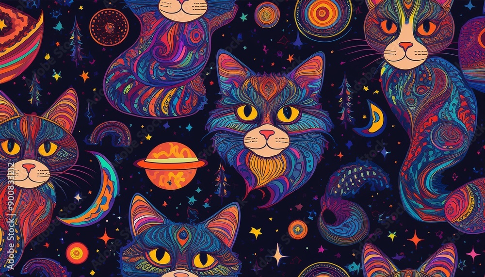 Space pattern. Seamless boho background with cat, moon. Magic print. Esoteric wallpaper Space pattern. Seamless boho background with cat, moon. Magic print. Esoteric wallpaper