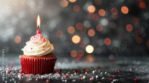 Red Velvet Cupcake With Candle and Sprinkles