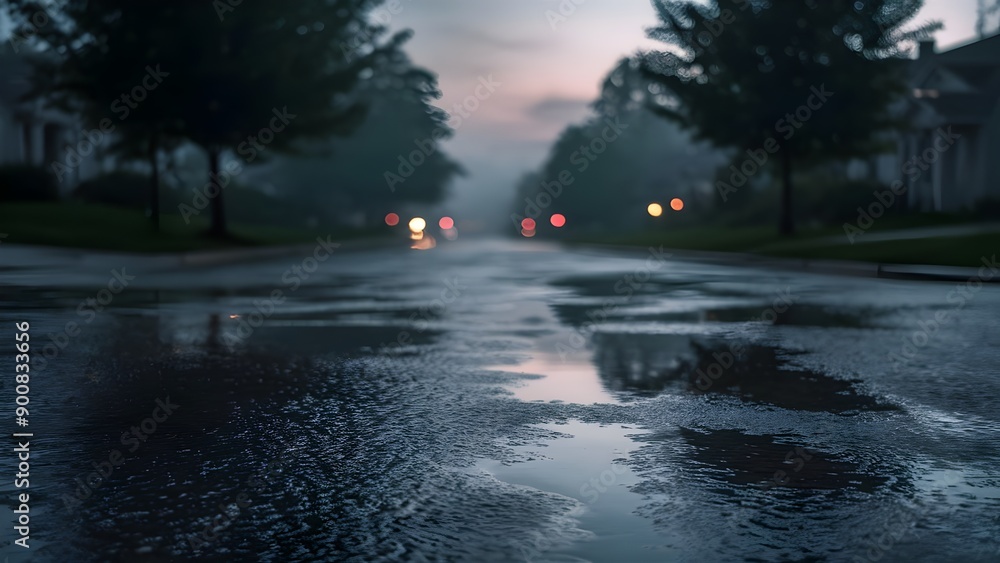 Moody Rainy Evening Street with Reflections, Rainy Evening Street Scene With Reflections of Lights on the Wet Pavement and Soft Bokeh in the Background. Moody Rainy Evening Street with Reflections, Rainy Evening Street Scene With Reflections of Lights on the Wet Pavement and Soft Bokeh in the Background.