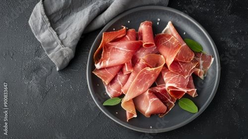 Sliced Prosciutto on Grey Plate