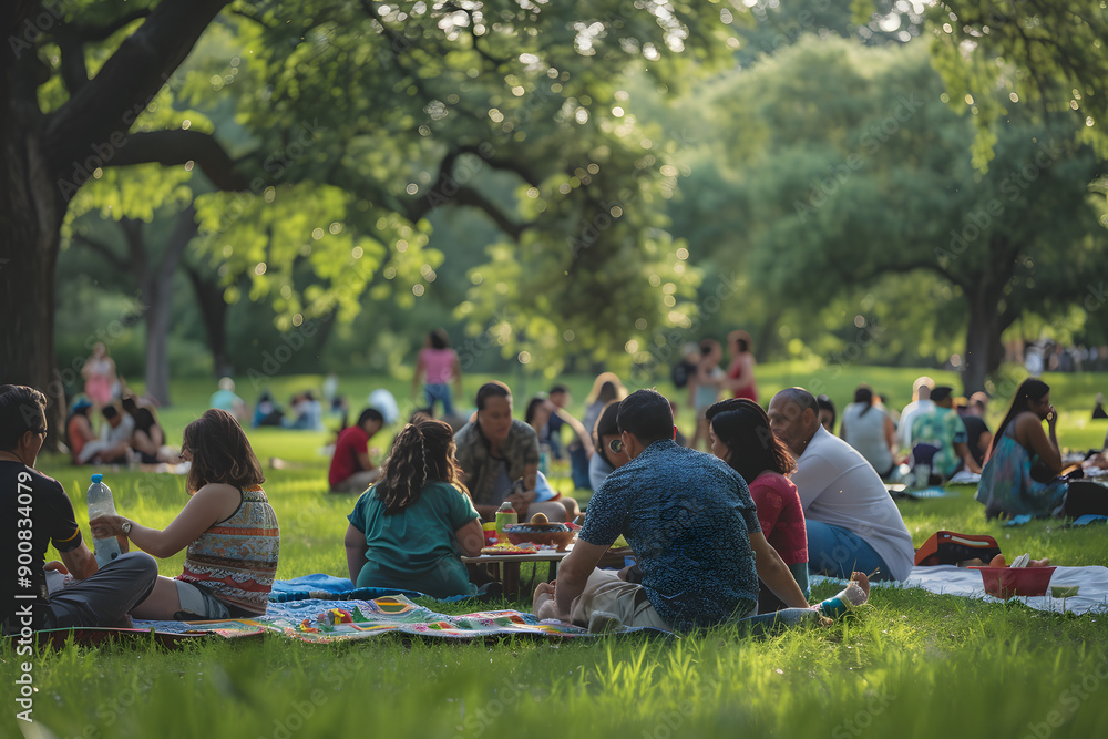 © HNXS Digital Art - Diverse Community Enjoying a Picnic in a Park During a Local Festival with Families and Friends under Trees on a Sunny Day