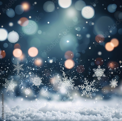 Snowflakes Falling on Snowy Ground With Bokeh Lights