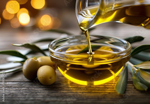 Olive Oil Pouring Into Bowl With Olives