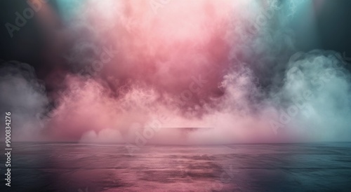 Black Cylinder On A Foggy Stage With Pink And Blue Lighting