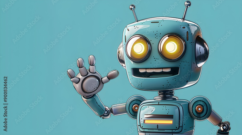 whimsical cartoon robot waving, vibrant blue background, friendly demeanor, ideal for tech marketing, children's education, and digital content, conveys joy, innovation, and approachability whimsical cartoon robot waving, vibrant blue background, friendly demeanor, ideal for tech marketing, children's education, and digital content, conveys joy, innovation, and approachability