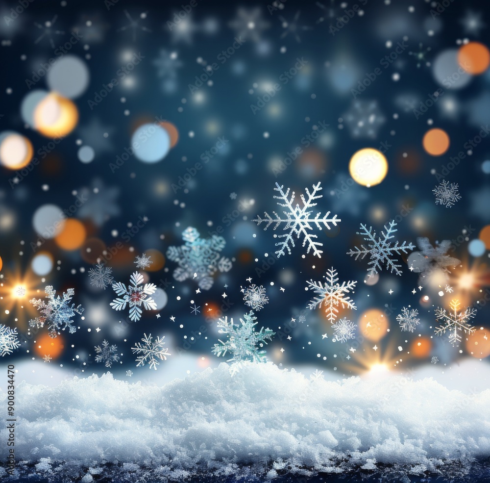 Snowflakes Falling on Snowy Ground With Bokeh Lights Snowflakes Falling on Snowy Ground With Bokeh Lights