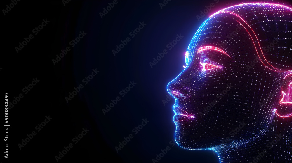 Futuristic digital portrait, neon holographic profile, cybernetic aesthetics, suitable for technology marketing, digital art projects, AI conventions, modern design themes, conveys innovation Futuristic digital portrait, neon holographic profile, cybernetic aesthetics, suitable for technology marketing, digital art projects, AI conventions, modern design themes, conveys innovation