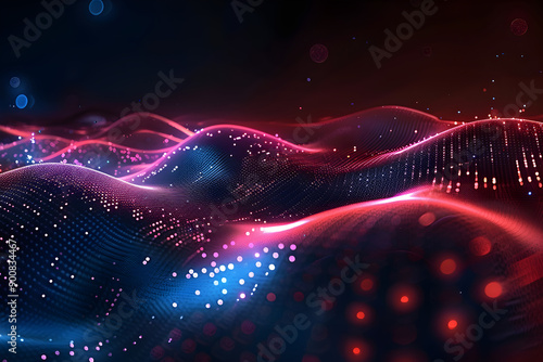 abstract digital landscape, flowing waves of light, vibrant particles in motion, 3D data visualization, suitable for tech presentations, modern marketing materials