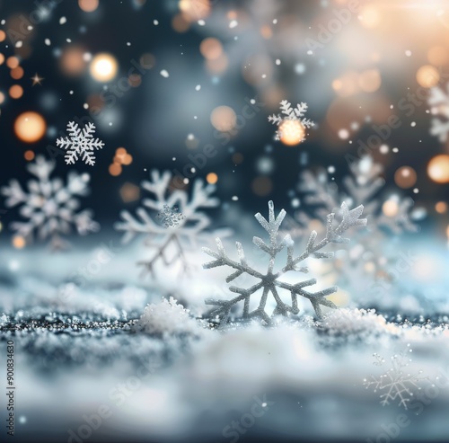 Snowflakes Falling on Snowy Ground With Bokeh Lights