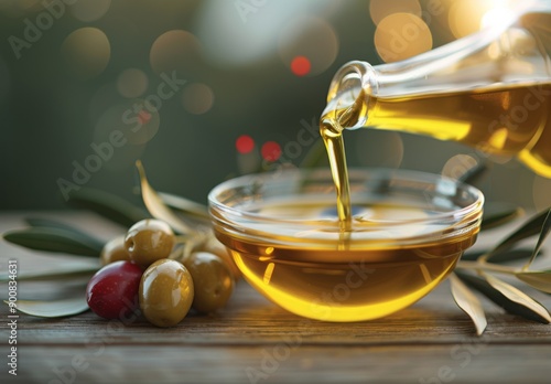 Olive Oil Pouring Into Bowl With Olives