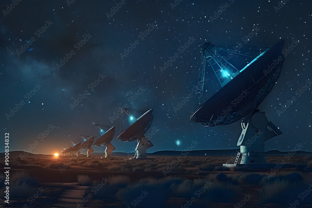 high-tech satellite antennas, desert landscape, night sky with stars, astronomy, technology, communication, exploration, futuristic, serene atmosphere, copy space for text high-tech satellite antennas, desert landscape, night sky with stars, astronomy, technology, communication, exploration, futuristic, serene atmosphere, copy space for text