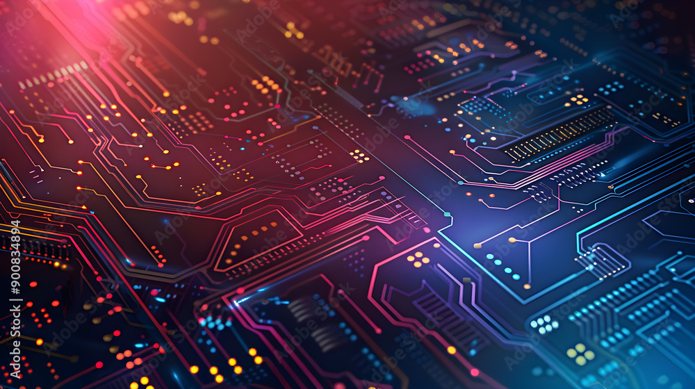 Obraz premium Futuristic circuit board design, vibrant neon colors, digital technology backdrop, ideal for tech marketing, websites, presentations, visually engaging