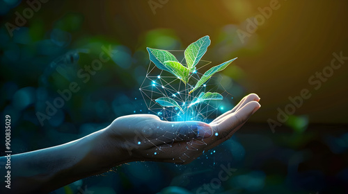 digital human hand, nurturing green plant, futuristic technology, biological connection, emotional connection, sustainability, copy space, eco-friendly themes, growth mindset