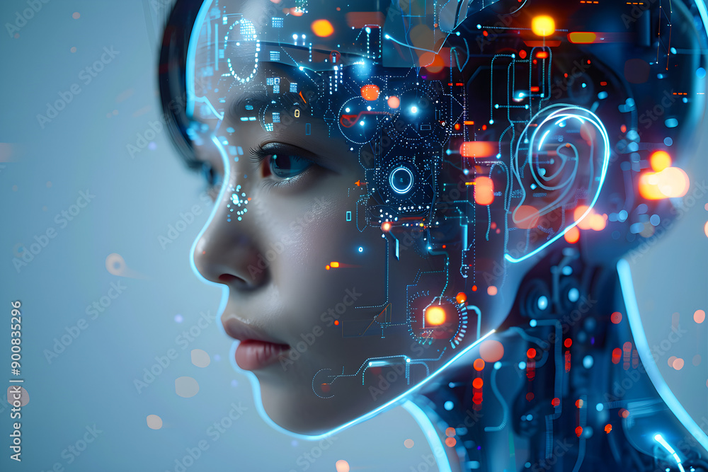Cyborg girl with electronic brain, futuristic neural network integration, machine learning technology, sci-fi cybernetic robot, advanced AI representation, digital art, emotional depth Cyborg girl with electronic brain, futuristic neural network integration, machine learning technology, sci-fi cybernetic robot, advanced AI representation, digital art, emotional depth