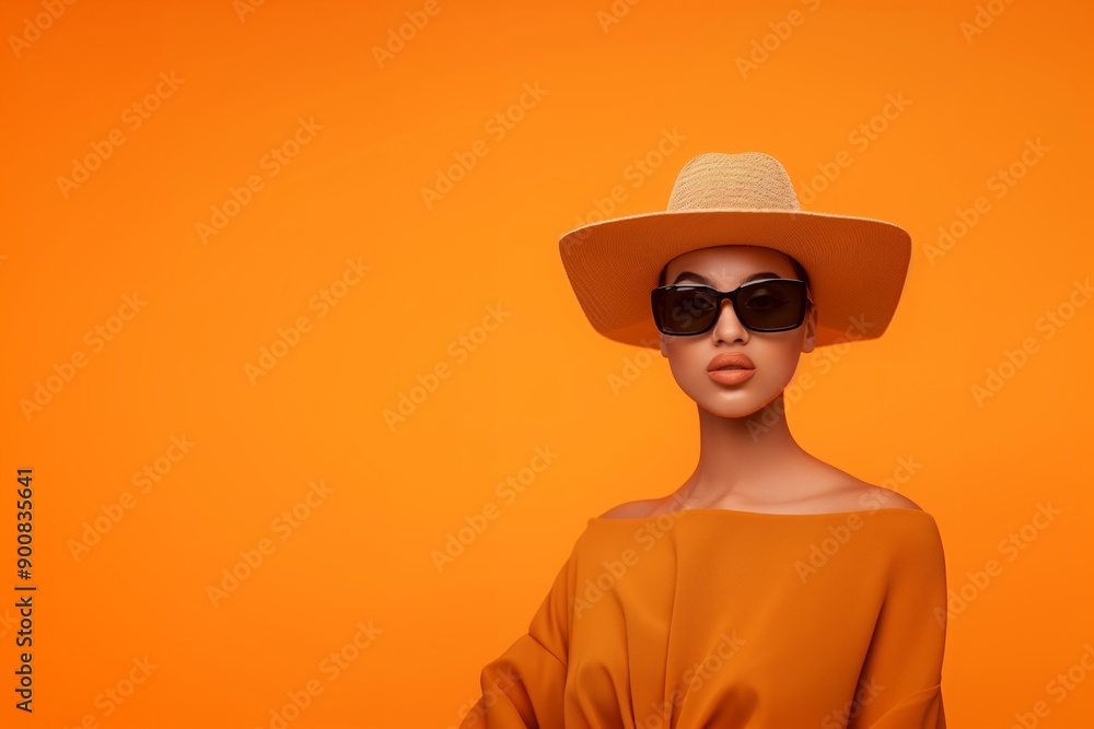 Woman wearing a hat and dark sunglasses posing on a orange background, fashion photography. Wide banner with copy space for web design or beauty magazine article. Woman wearing a hat and dark sunglasses posing on a orange background, fashion photography. Wide banner with copy space for web design or beauty magazine article.