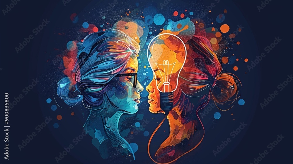 Fototapeta premium Explore the abstract duality of the human mind through vibrant colors and contemplative artwork