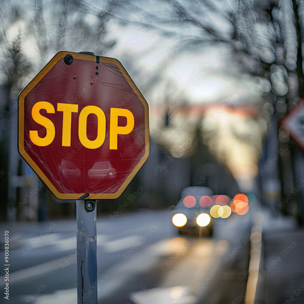 stop sign on the road, Defocused stop sign traffic regulations with ...