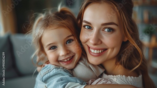 A mother and daughter smiling and hugging, showing warmth and affection in a cozy family setting © russcom