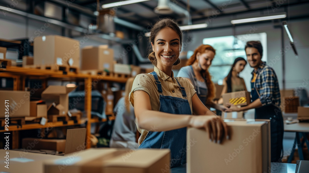 Dedicated small business staff confidently preparing online orders for shipment in workshop Dedicated small business staff confidently preparing online orders for shipment in workshop