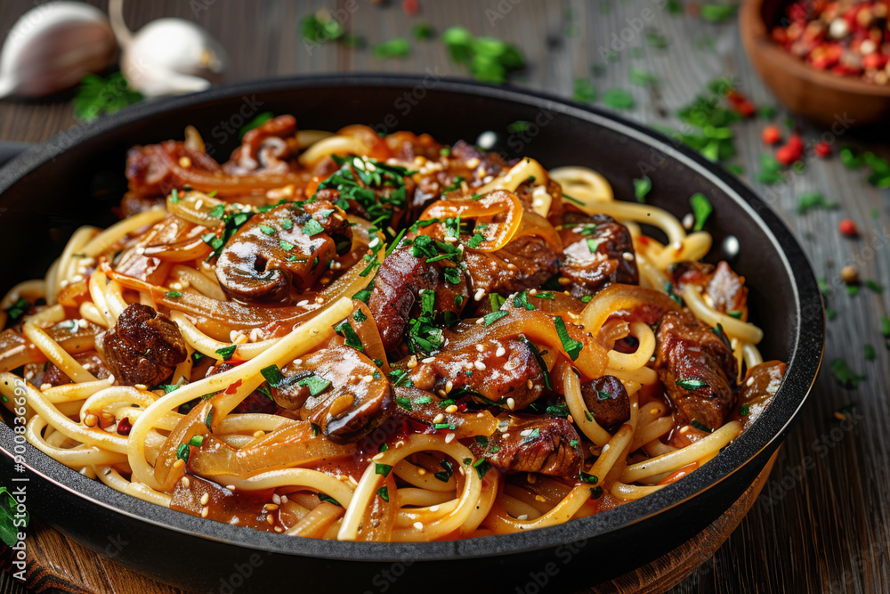pasta linguine with fried chicken liver, top view