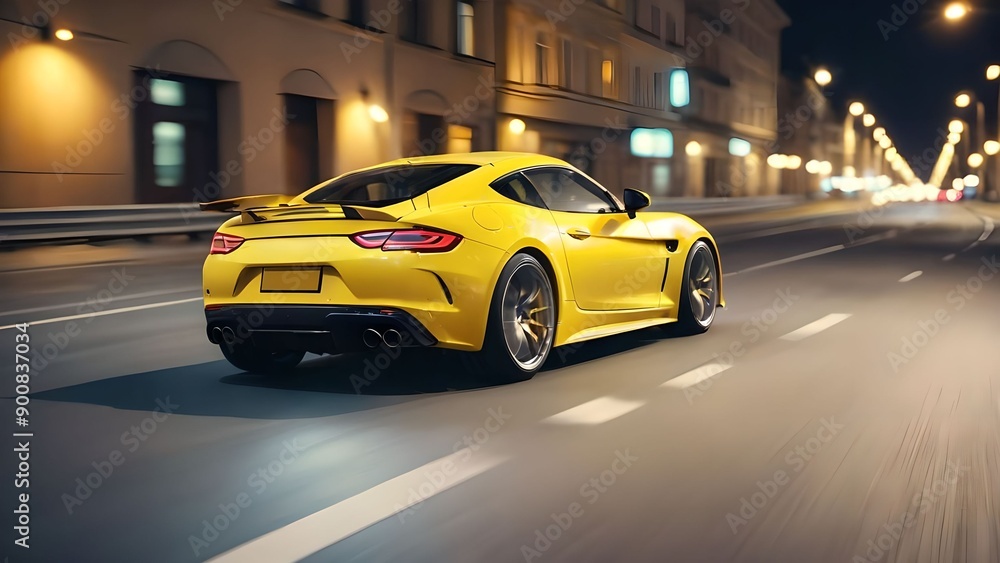 Close up rear view of yellow sports car driving at high speed on asphalt road in city at night. Close up rear view of yellow sports car driving at high speed on asphalt road in city at night.