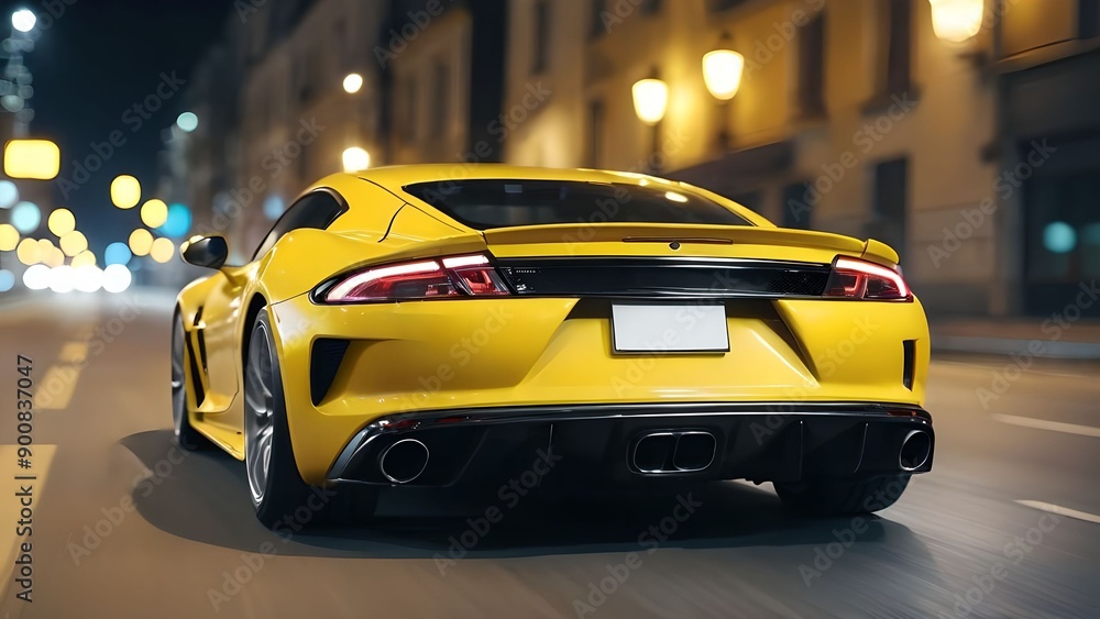 Close up rear view of yellow sports car driving at high speed on asphalt road in city at night.