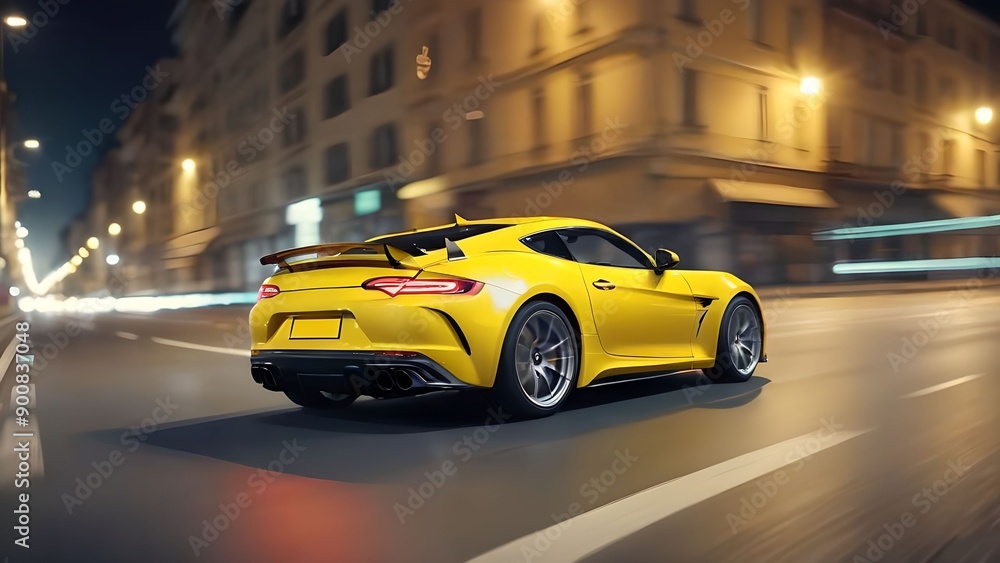 Close up rear view of yellow sports car driving at high speed on asphalt road in city at night. Close up rear view of yellow sports car driving at high speed on asphalt road in city at night.