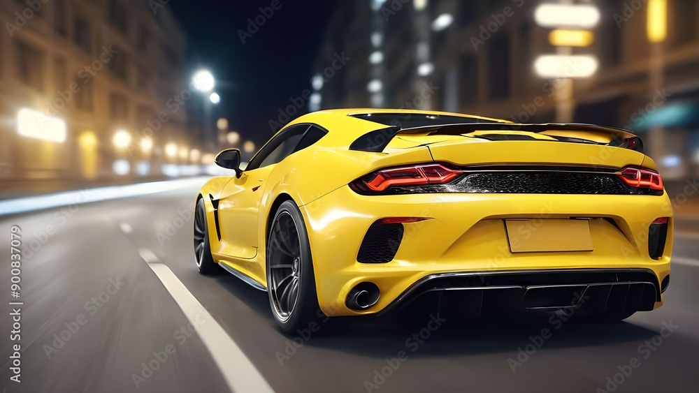 Close up rear view of yellow sports car driving at high speed on asphalt road in city at night. Close up rear view of yellow sports car driving at high speed on asphalt road in city at night.