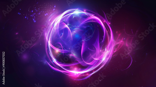 Glowing neon sign in a circle. Abstract neon sphere, optical halo glowing flare sphere, purple sphere ring shape, paticle luminescent putple flaming sphere photo