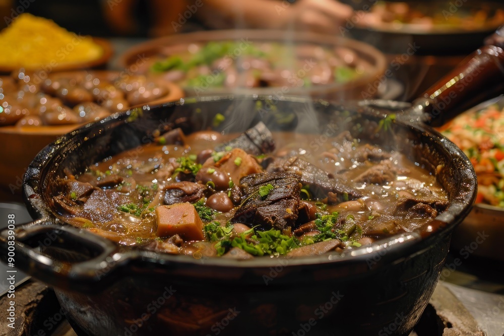Closeup of a delicious stew with tender meat and herbs simmering in a traditional earthen pot Closeup of a delicious stew with tender meat and herbs simmering in a traditional earthen pot
