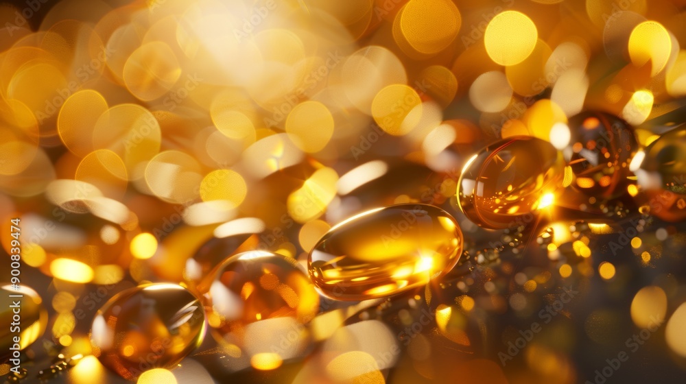 A breathtakingly stunning golden bokeh background that features glossy capsules alongside shimmering highlights A breathtakingly stunning golden bokeh background that features glossy capsules alongside shimmering highlights