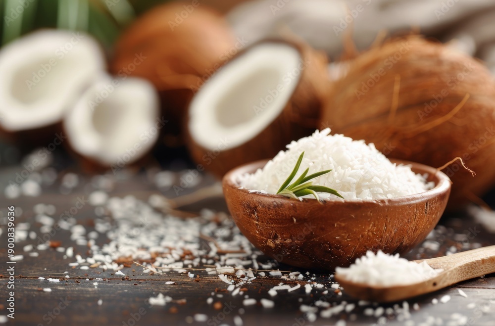Coconut Products on Wooden Table Coconut Products on Wooden Table