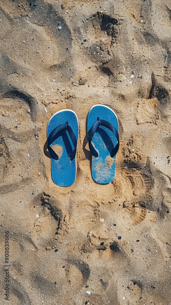 Fototapeta premium A pair of flip flops is laying on the sand 
