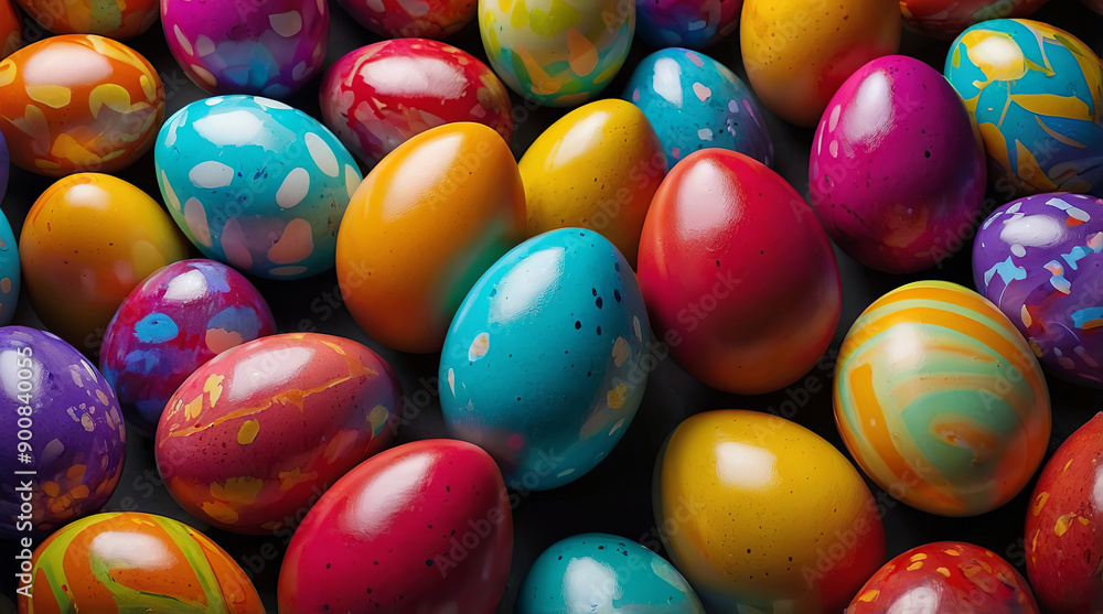A 3D rendering of vibrantly hued eggs in celebration of Easter A 3D rendering of vibrantly hued eggs in celebration of Easter