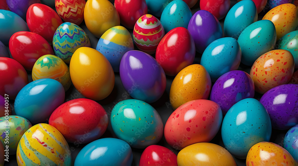 A 3D rendering of vibrantly hued eggs in celebration of Easter A 3D rendering of vibrantly hued eggs in celebration of Easter