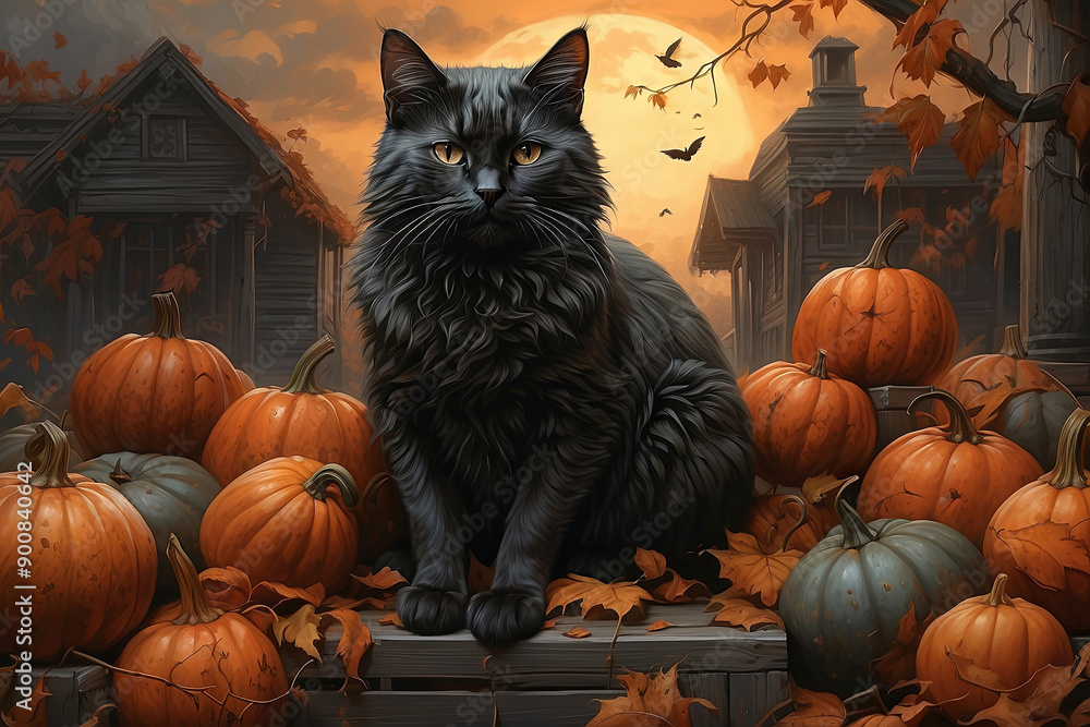 a black cat sitting on top of a pile of pumpkins a black cat sitting on top of a pile of pumpkins