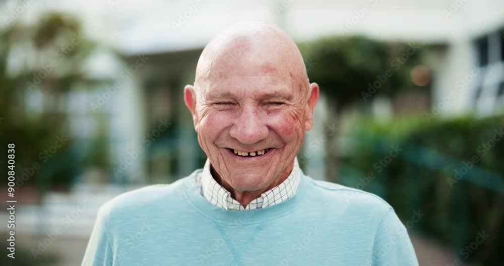 Nature, happy and face of senior man laugh in garden for fresh air, wellness and relax outdoors. Retirement, nursing home and portrait of elderly person with positivity, smile and joy for wellbeing Nature, happy and face of senior man laugh in garden for fresh air, wellness and relax outdoors. Retirement, nursing home and portrait of elderly person with positivity, smile and joy for wellbeing