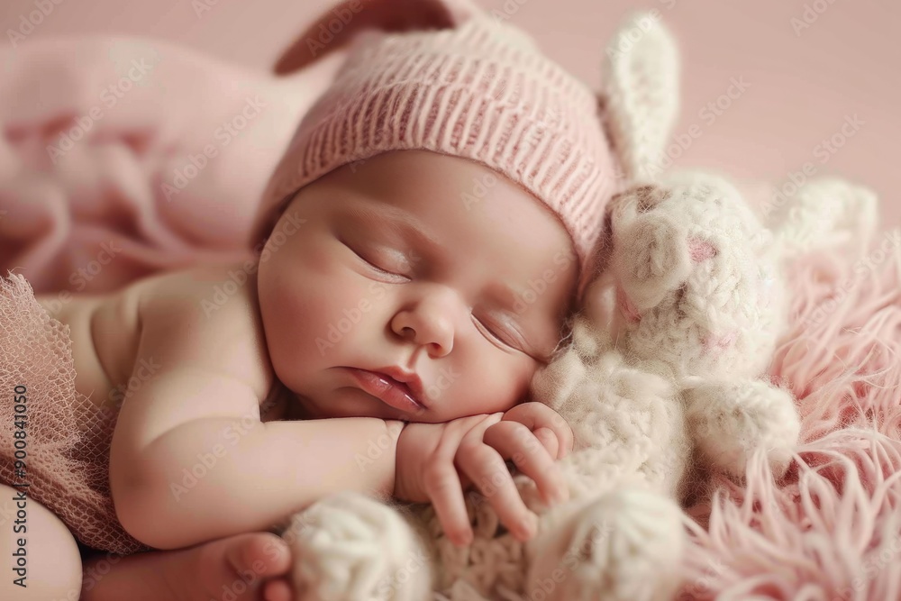 Serene image of a sleeping newborn in a pink hat beside a soft bunny toy Serene image of a sleeping newborn in a pink hat beside a soft bunny toy
