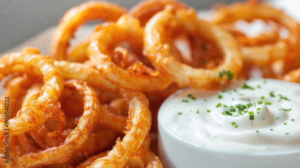 Crispy fried onion rings served with creamy white dipping sauce Crispy fried onion rings served with creamy white dipping sauce