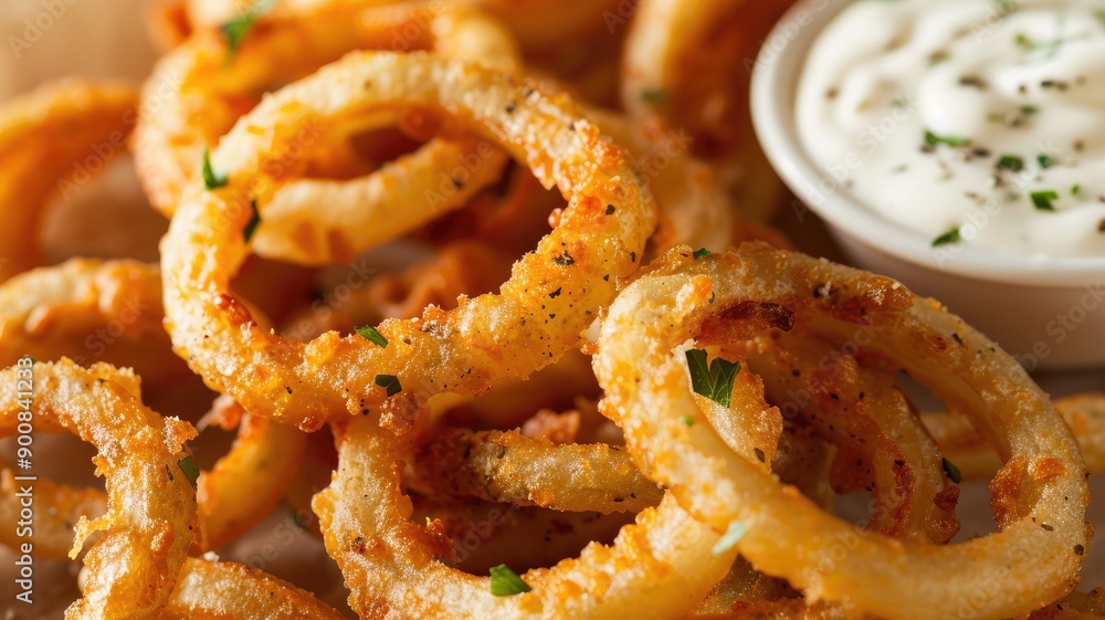 Crispy, golden onion rings served with creamy dipping sauce, garnished parsley Crispy, golden onion rings served with creamy dipping sauce, garnished parsley